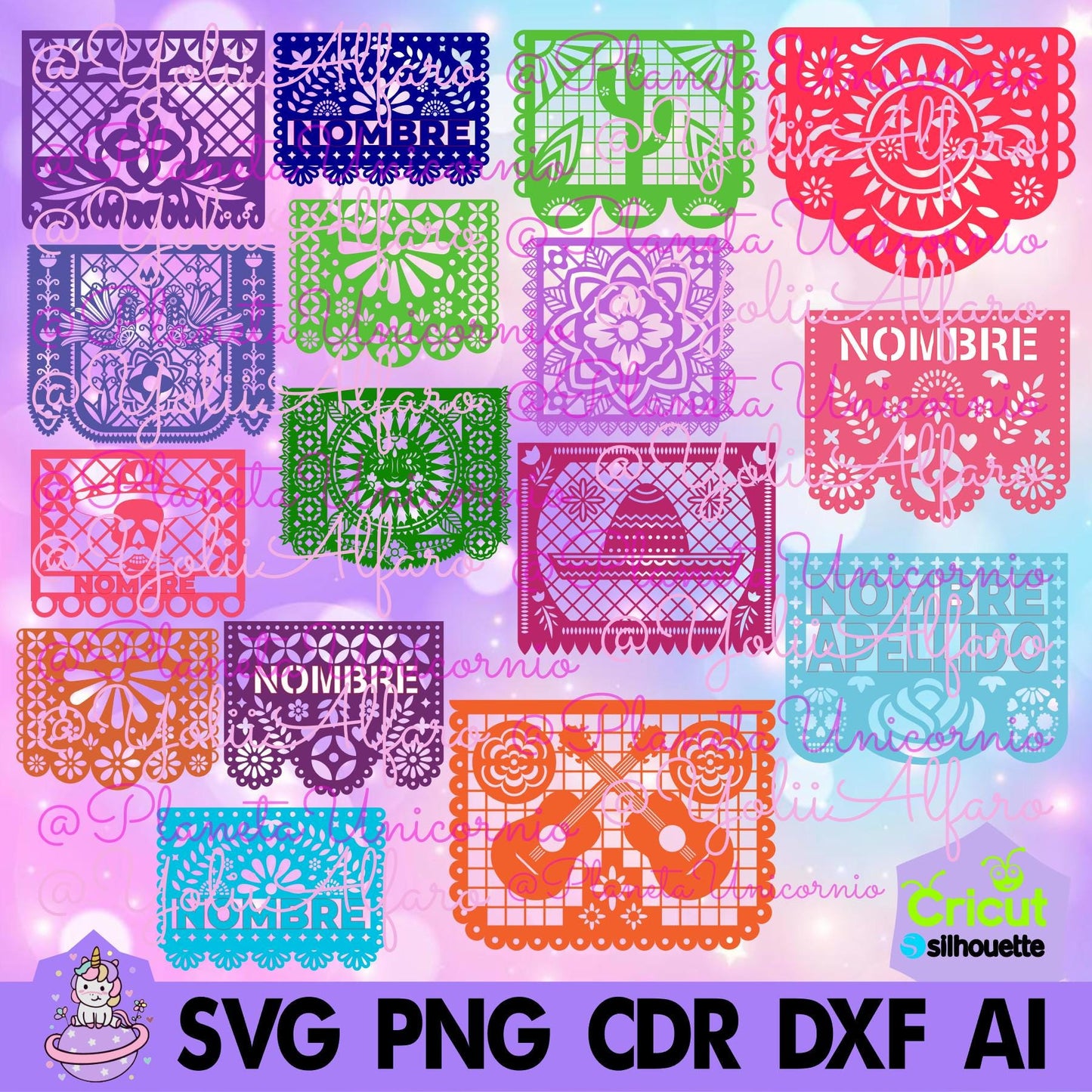 Papel picado Mod 14. Incluye tipografías stencil