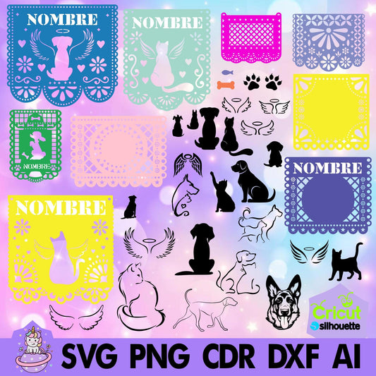 Papel picado MASCOTAS Mod 3. Incluye tipografías stencil