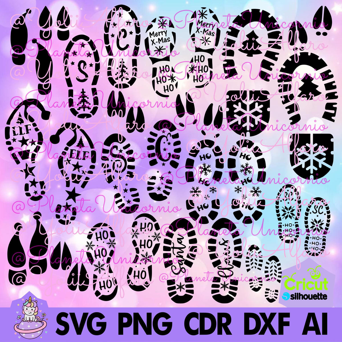 Santa Claus and elf footprints, shaker ornaments, ornaments, Christmas, baubles, snowflakes, ornament. Includes different formats.