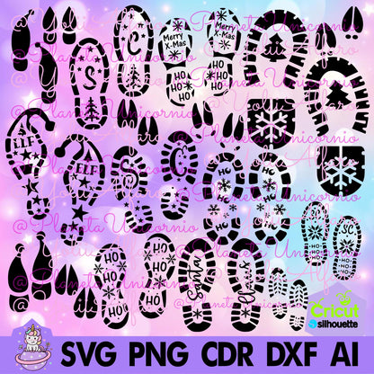 Santa Claus and elf footprints, shaker ornaments, ornaments, Christmas, baubles, snowflakes, ornament. Includes different formats.