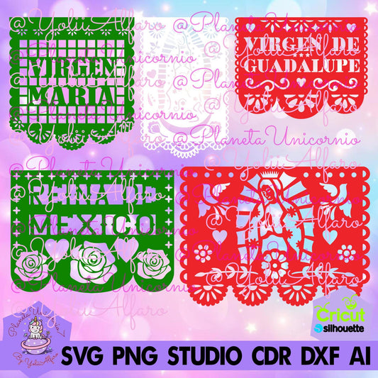 Papel picado Virgen María, Virgen de Guadalupe, Reina de México, Virgen santa, papel picado, papel perforado