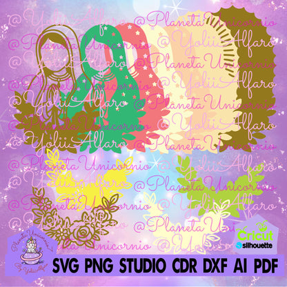 Virgencita flores multicapa, Virgen Maria multicapa, Virgen de Guadalupe, Virgen Santa. Incluye diferentes formatos.