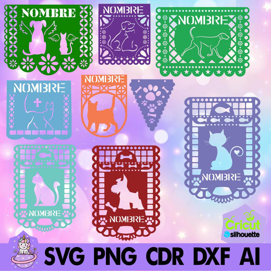 Papel picado MASCOTAS Mod 2. Incluye tipografías stencil