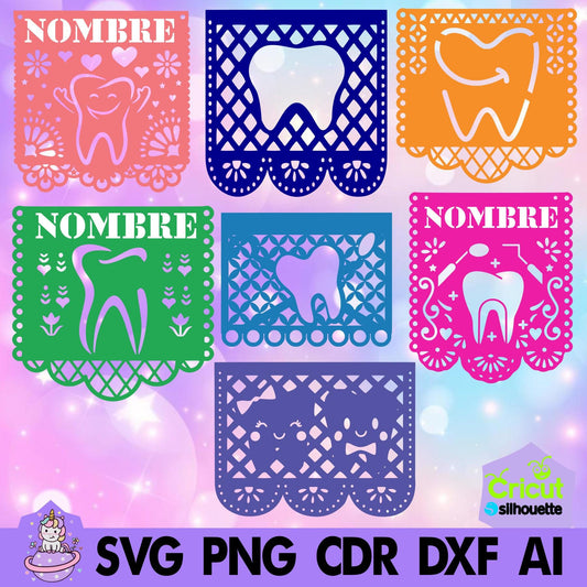 Papel picado Mod 6. Dentista, laboratorio dental, dientes. Incluye tipografías stencil