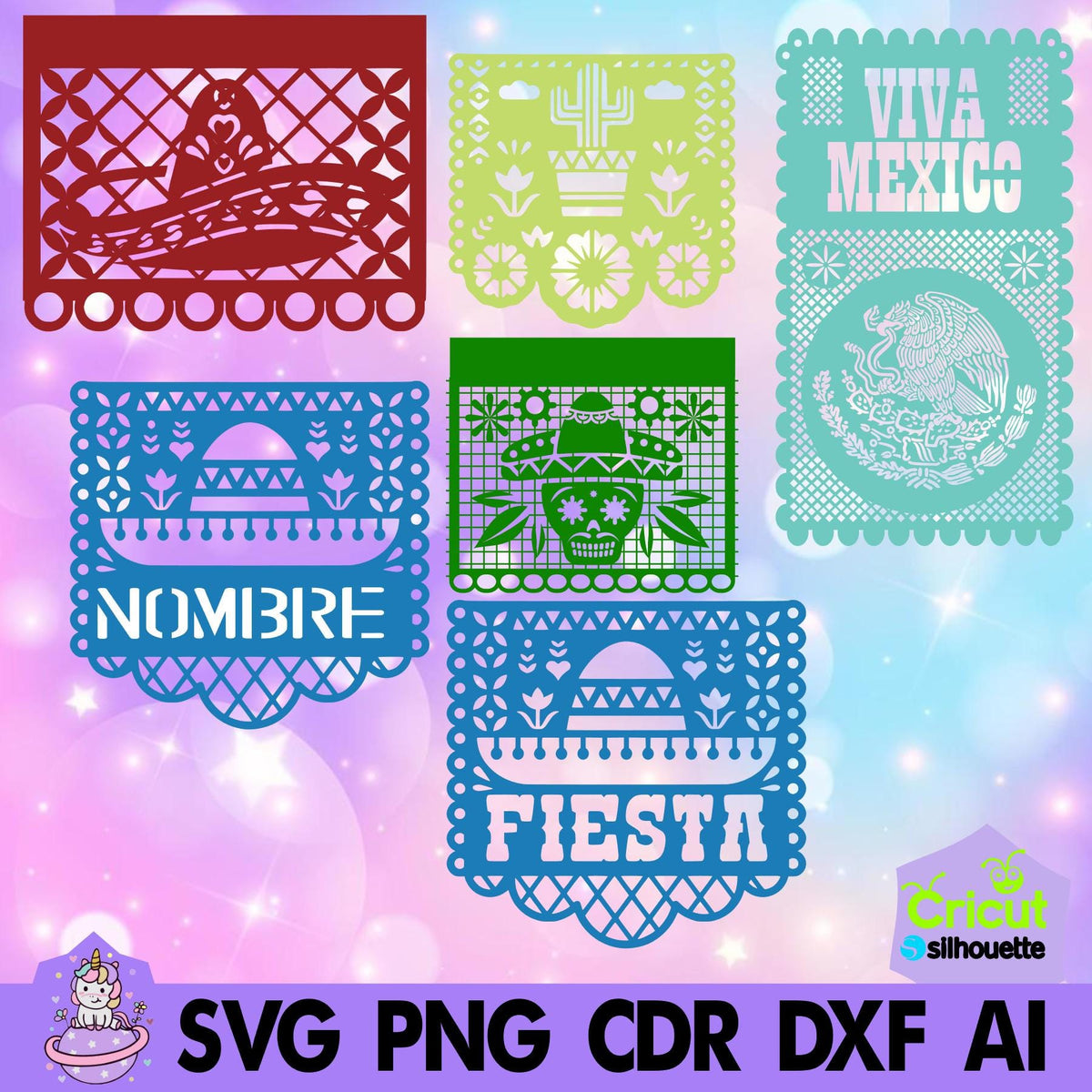 Papel picado Mod 7. Viva México. Incluye tipografías stencil