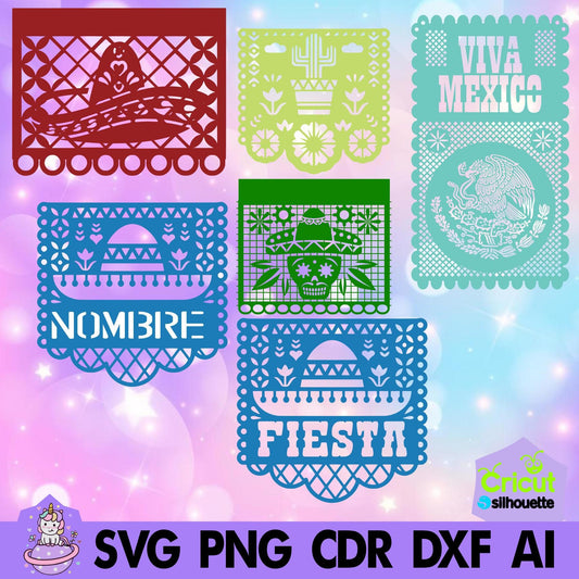 Papel picado Mod 7. Viva México. Incluye tipografías stencil
